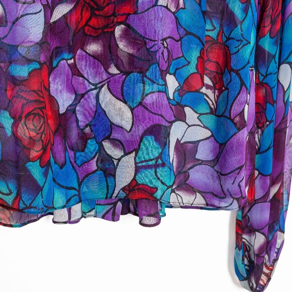🌹 Diane von Furstenberg Stained Glass Floral Rose Silk Blouse - Purple Blue Red - Picture 9 of 13